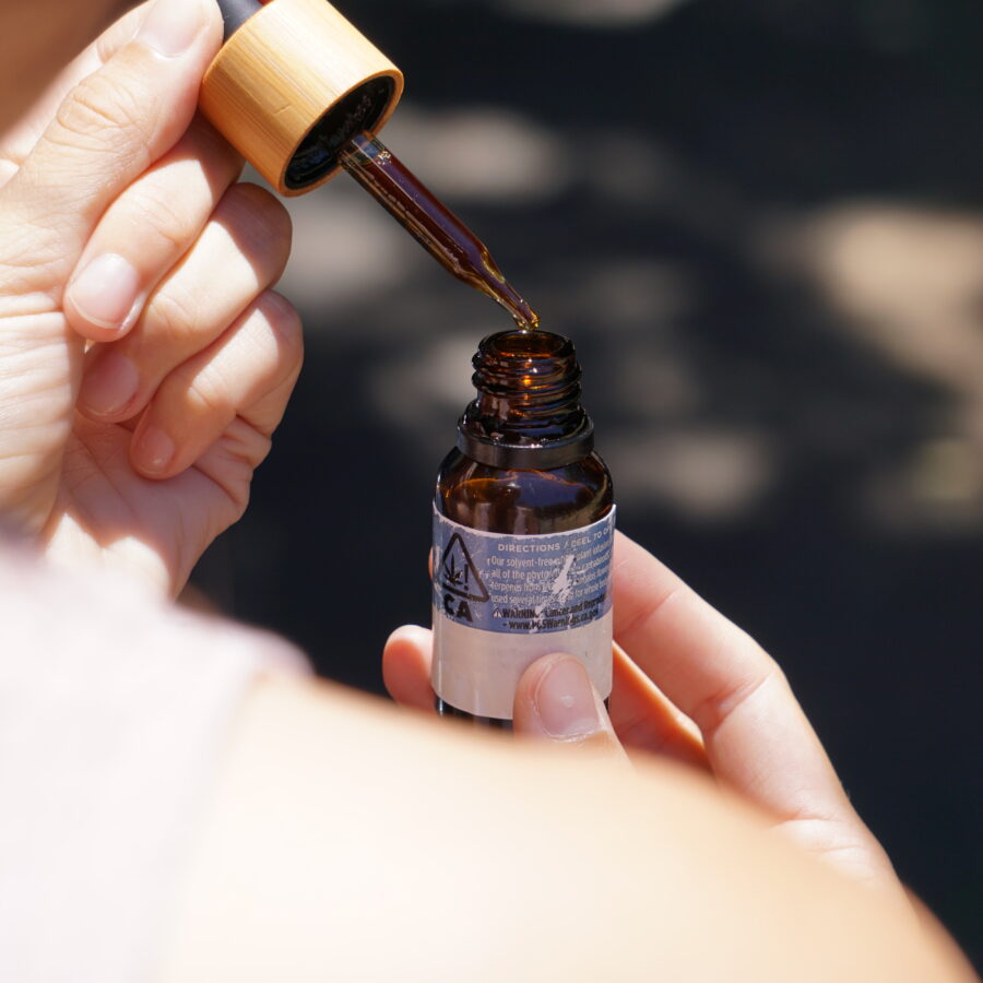 Olio CBD accanto a una pianta di canapa in un ambiente naturale